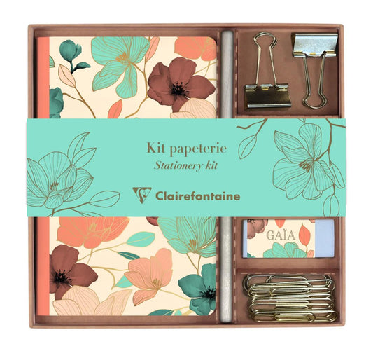 Gaia beige, Kit of stationery containing a notebook 11x17 cm 64 pages lines, a pencil paper, 2 double clips, 10 trombones and a gum (Pack x3)