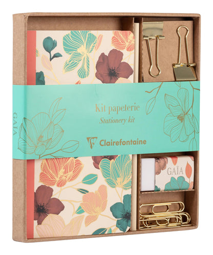 Gaia beige, Kit aus Schreibwaren mit Notizbuch 11x17 cm 64 Seiten Linien, Bleistiftpapier, 2 Doppelclips, 10 Posaunen und Gummi (3er-Pack)