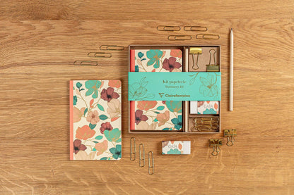 Gaia beige, Kit aus Schreibwaren mit Notizbuch 11x17 cm 64 Seiten Linien, Bleistiftpapier, 2 Doppelclips, 10 Posaunen und Gummi (3er-Pack)