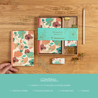 Gaia beige, Kit aus Schreibwaren mit Notizbuch 11x17 cm 64 Seiten Linien, Bleistiftpapier, 2 Doppelclips, 10 Posaunen und Gummi (3er-Pack)