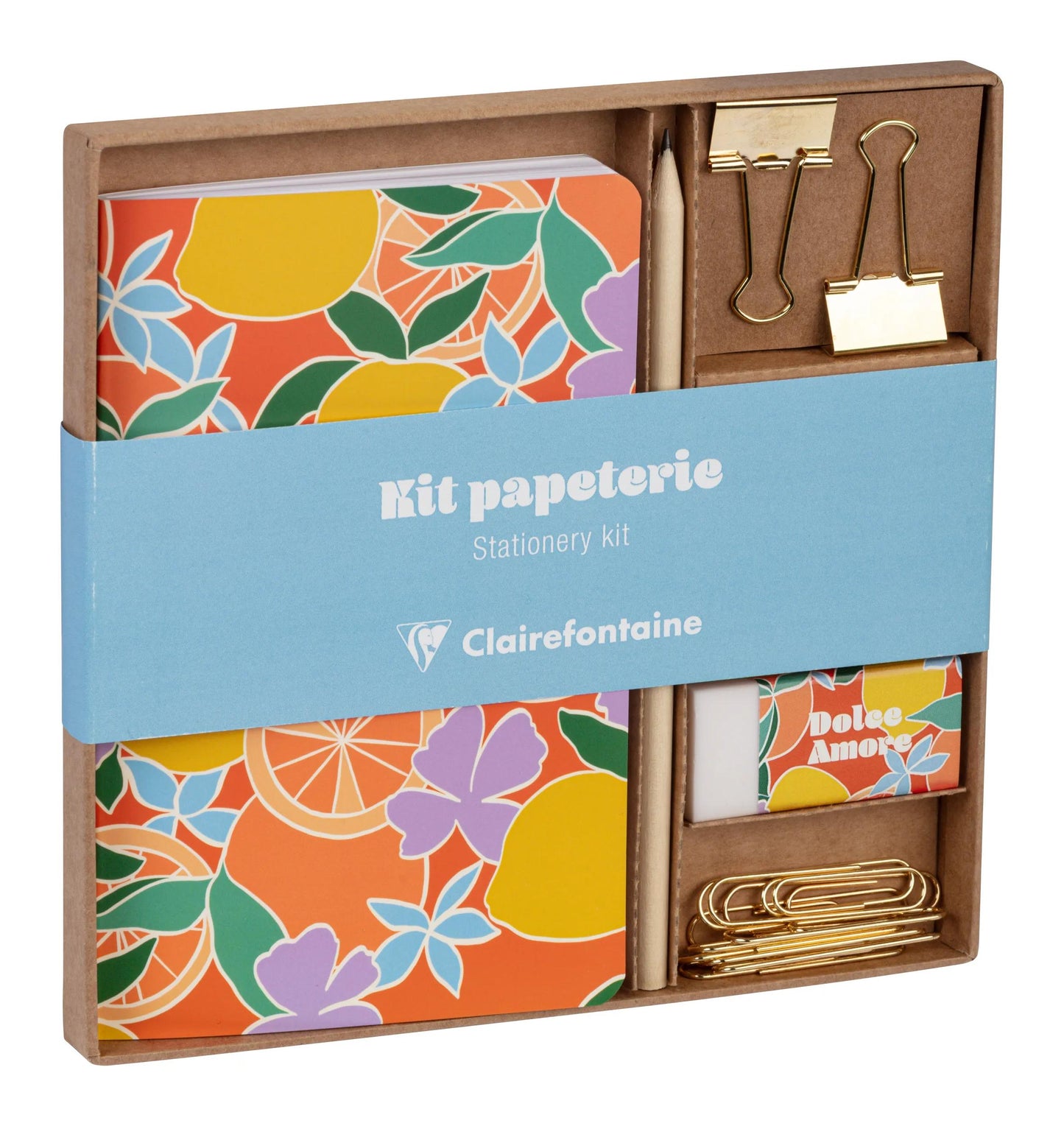 Dolce Amore, Kit de papeterie contenant un carnet 11x17 cm 64 pages lignées, un crayon de papier, 2 pinces doubles-clip, 10 trombones et une gomme (Lot x3)