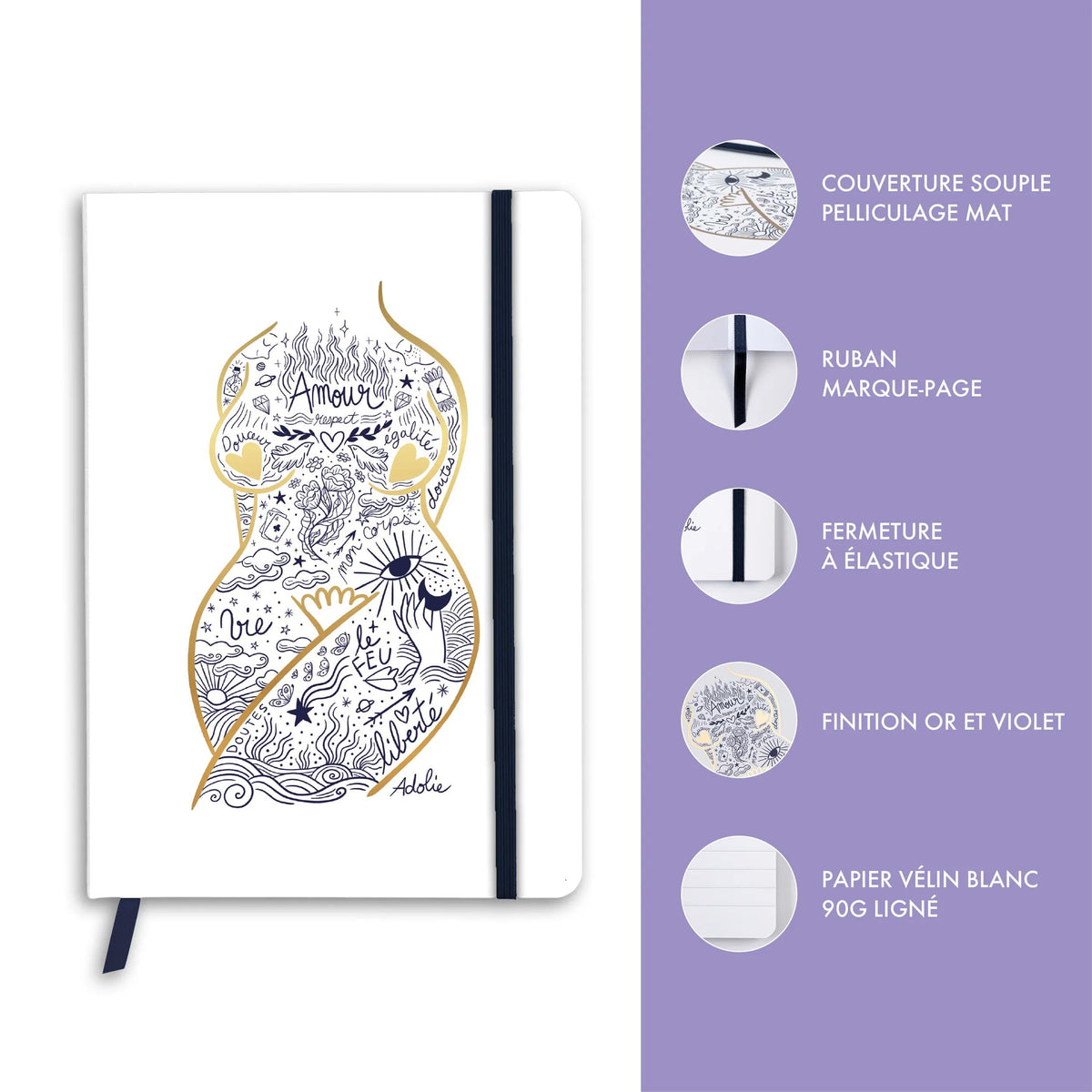 Adolie, Booklet flexible Broschüre A5 14,8x21 cm, 128 Seiten, Linie, Marker, elastischer Verschluss, Arsch. (4er-Pack)