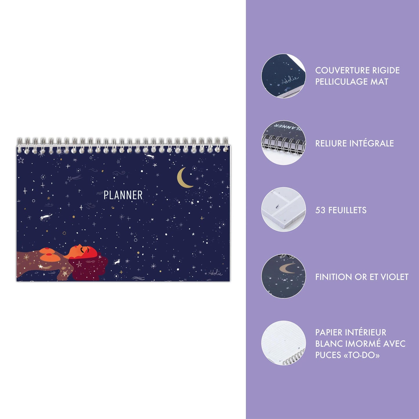 Adolie, Blocco Planner testa legante completa 22x14 cm 53 fogli stampati (Pacchetto x5)