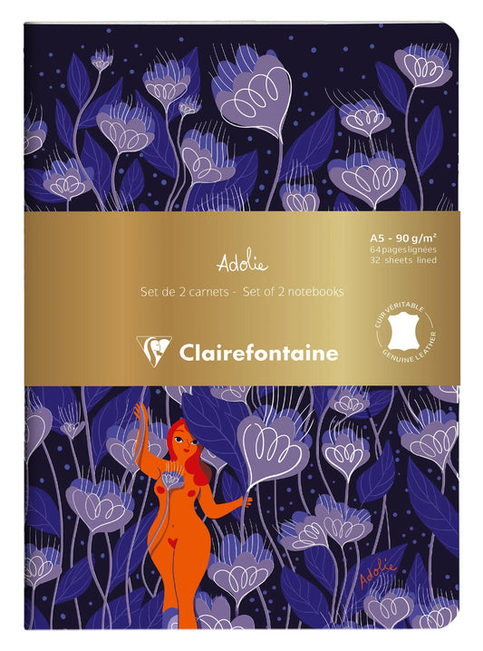 Adolie, Set of 2 notebooks sewn wire A5 14,8x21 cm, 64 pages, lineed. Bloom. 1 leather cover book + 1 card cover book printed, ass. (Pack x3)