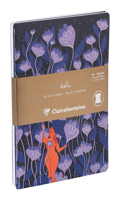 Adolie, Set of 2 notebooks sewn wire A5 14,8x21 cm, 64 pages, lineed. Bloom. 1 leather cover book + 1 card cover book printed, ass. (in bundle 3)