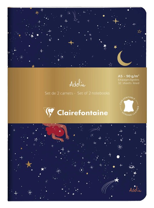 Adolie, Set of 2 notebooks sewn wire A5 14,8x21 cm, 64 pages, lineed. Stars. 1 leather cover book + 1 card cover card printed, ass. (Pack x3)