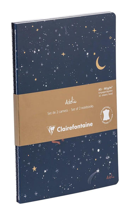 Adolis, Set von 2 Notebooks genäht Draht A5 14,8x21 cm, 64 Seiten, gefüttert. Sterne. 1 Lederbezug Buch + 1 Karte Deckkarte gedruckt, Arsch. (3er-Pack)