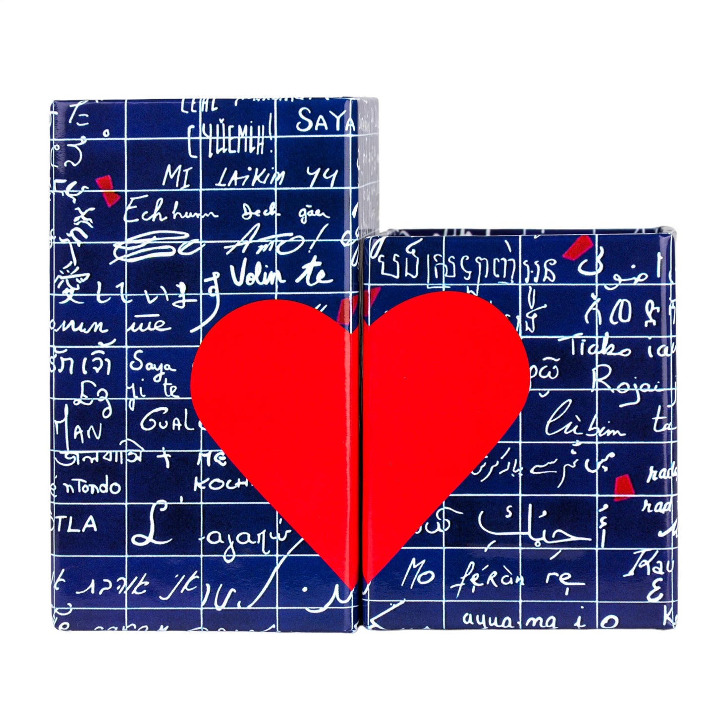 Die Mauer von I Love You, Set von 2 mittelmagnetischen Bleistiftgläsern 6x6x11 cm und klein 6x6x8 cm - Neu (Paket x4)