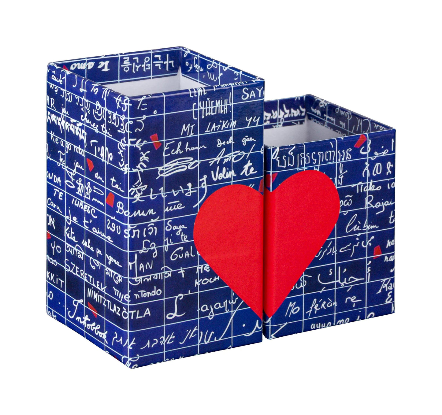 Die Mauer von I Love You, Set von 2 mittelmagnetischen Bleistiftgläsern 6x6x11 cm und klein 6x6x8 cm - Neu (Paket x4)