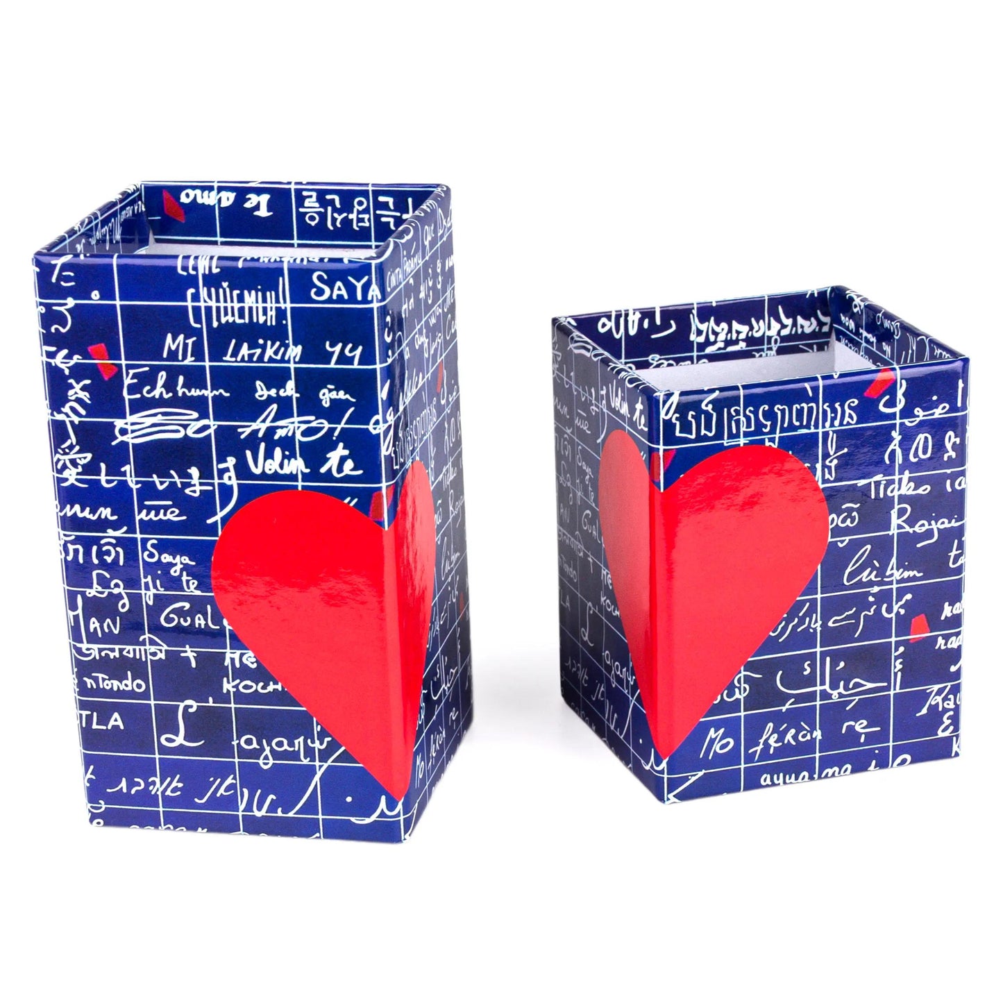 Die Mauer von I Love You, Set von 2 mittelmagnetischen Bleistiftgläsern 6x6x11 cm und klein 6x6x8 cm - Neu (Paket x4)