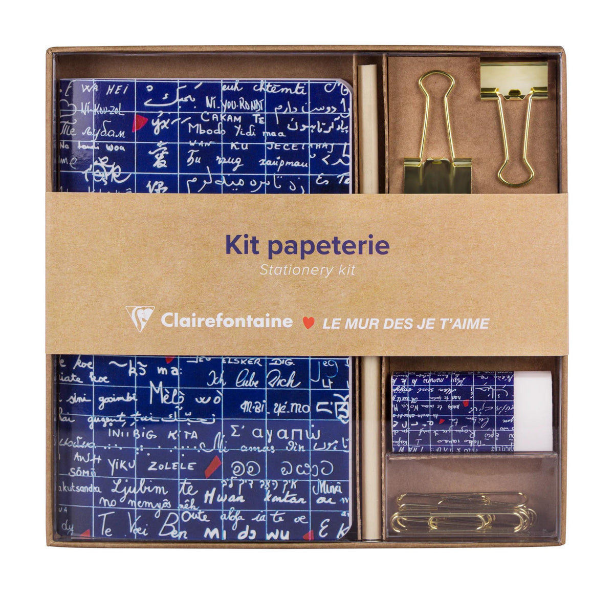 Il Muro di Ti amo, Kit di cancelleria contenente un quaderno 11x17 cm 64 pagine linee, una matita di carta, 2 clip doppie, 10 tromboni e una gomma - Nuovo (confezione da 3)