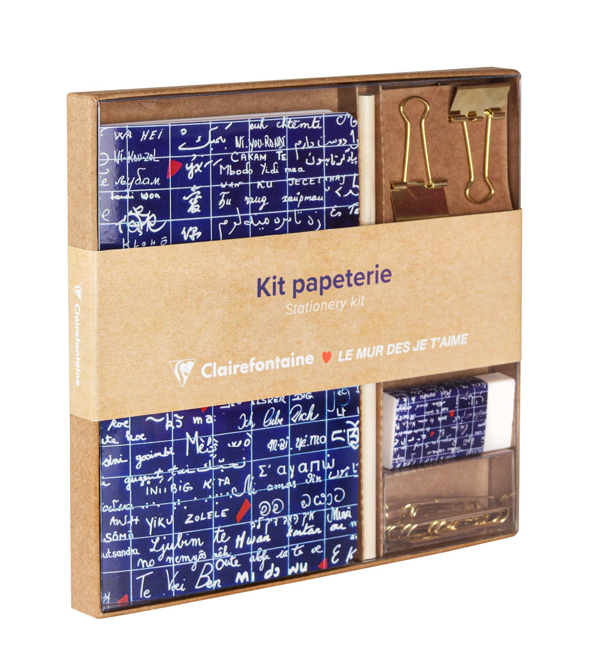 Il Muro di Ti amo, Kit di cancelleria contenente un quaderno 11x17 cm 64 pagine linee, una matita di carta, 2 clip doppie, 10 tromboni e una gomma - Nuovo (confezione da 3)