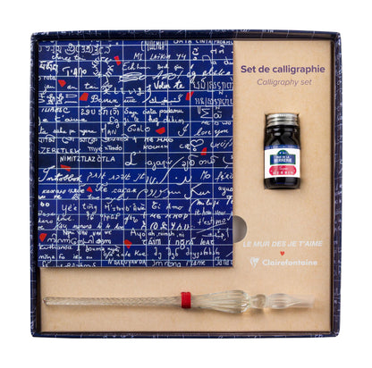The Wall of I love you, Calligraphy set 21x21 cm containing a glass feather, a bottle of ink Rue de la Verrerie 10ml Jacques Herbin, a block of 60 sheets of white paper 185g - New