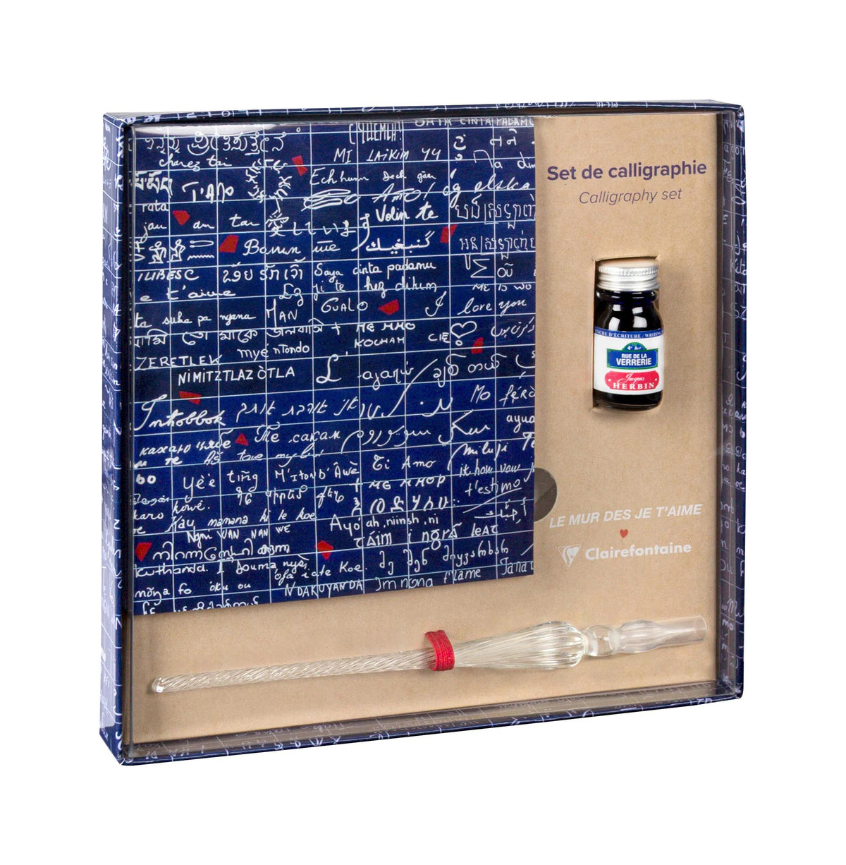The Wall of I love you, Calligraphy set 21x21 cm containing a glass feather, a bottle of ink Rue de la Verrerie 10ml Jacques Herbin, a block of 60 sheets of white paper 185g - New
