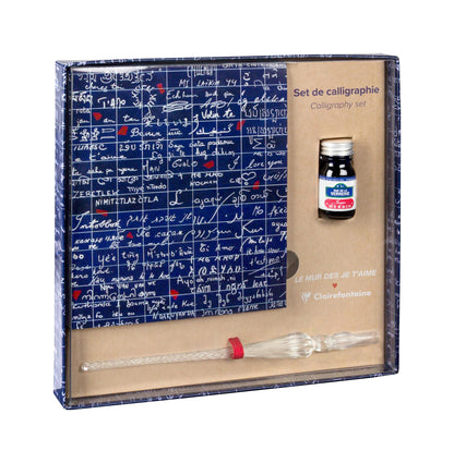 The Wall of I love you, Calligraphy set 21x21 cm containing a glass feather, a bottle of ink Rue de la Verrerie 10ml Jacques Herbin, a block of 60 sheets of white paper 185g - New