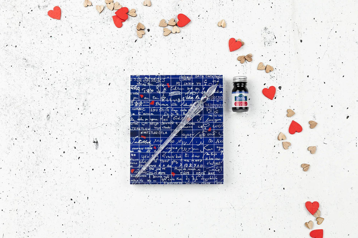 The Wall of I love you, Calligraphy set 21x21 cm containing a glass feather, a bottle of ink Rue de la Verrerie 10ml Jacques Herbin, a block of 60 sheets of white paper 185g - New