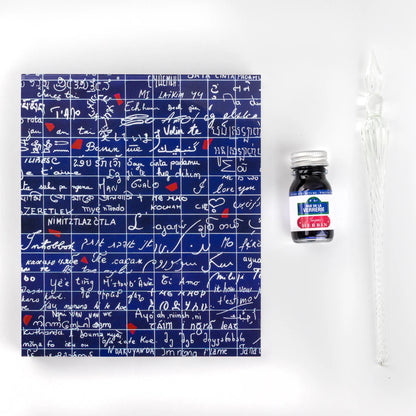 The Wall of I love you, Calligraphy set 21x21 cm containing a glass feather, a bottle of ink Rue de la Verrerie 10ml Jacques Herbin, a block of 60 sheets of white paper 185g - New