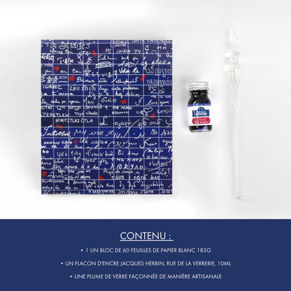 The Wall of I love you, Calligraphy set 21x21 cm containing a glass feather, a bottle of ink Rue de la Verrerie 10ml Jacques Herbin, a block of 60 sheets of white paper 185g - New
