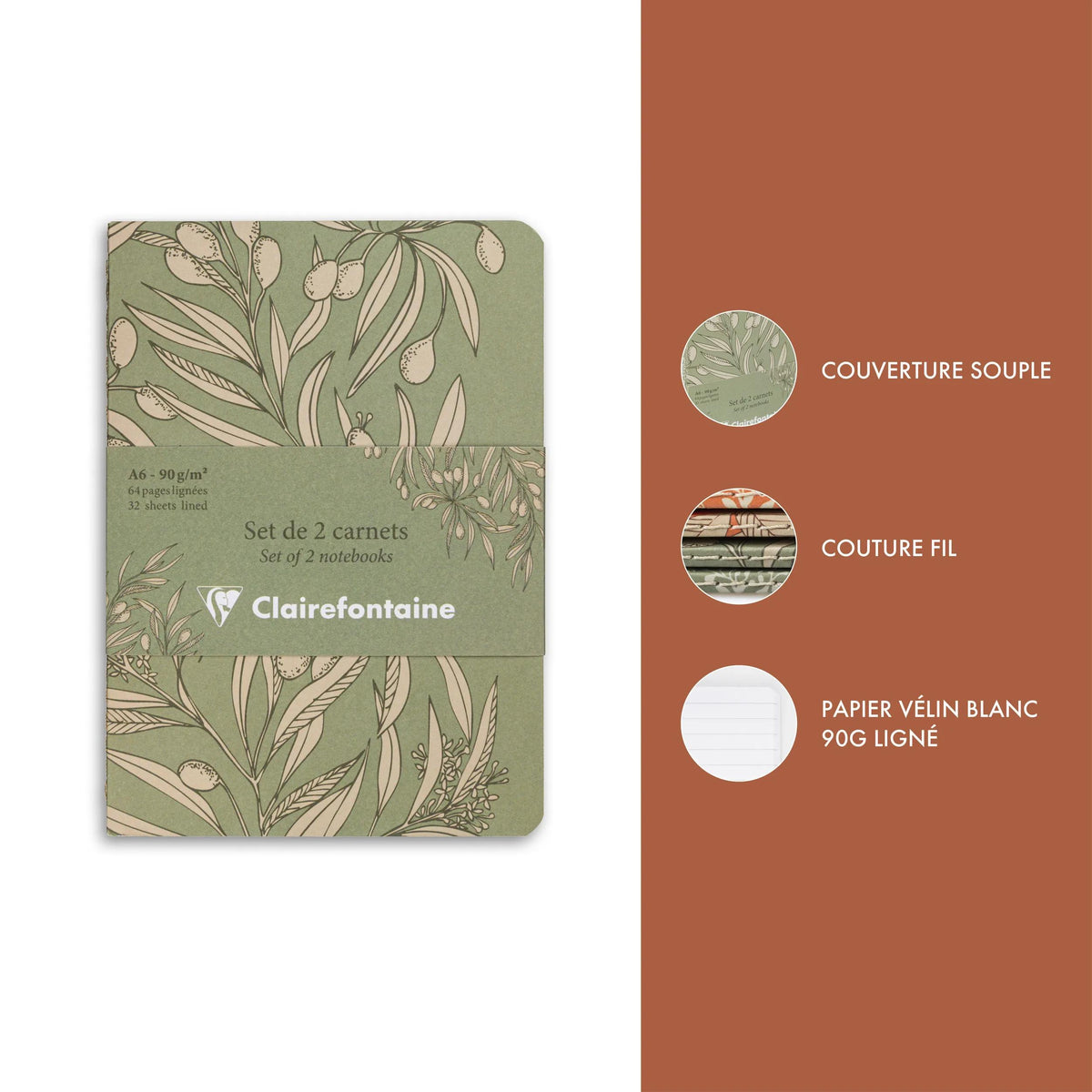 Jardin des Sens, Set de 2 carnets cousu fil A6 10,5x14,8 cm, 64 pages, ligné, ass. - New (lot de 8)