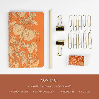 Garten der Sens, Kit von Schreibwaren mit einem Notebook 11x17 cm 64 Seiten Linien, ein Bleistift aus Papier, 2 Doppelclips, 10 Posaunen und ein Gummi - Neu (3er-Pack)