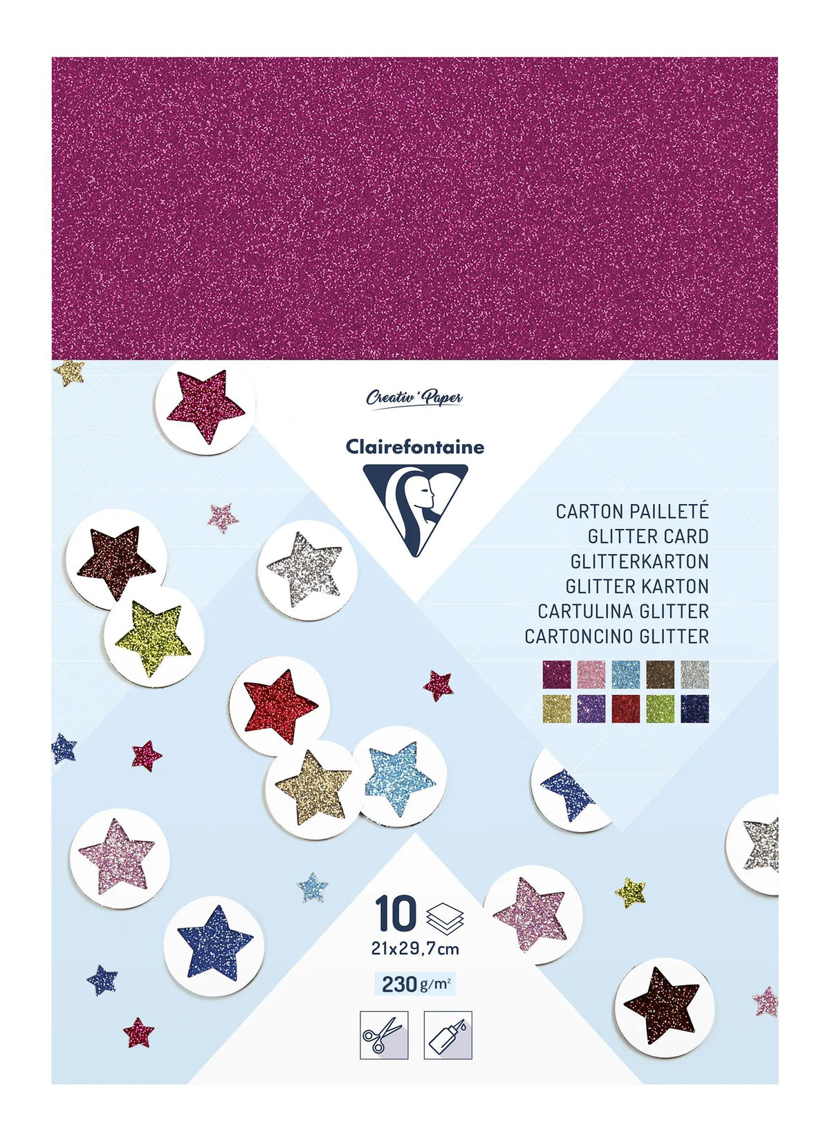 CARTON PAILLETÉ, Sachet de 10 feuilles 230g/m2 au format 21x29,7cm - Assortiment (lot de 5)