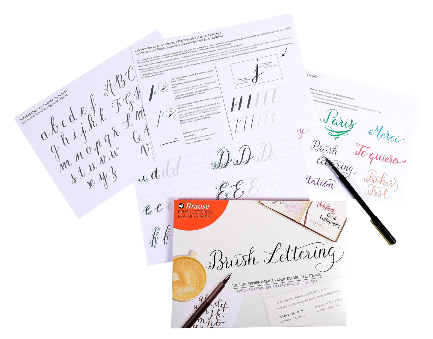 Feuilles d'apprentissage au Brush lettering. (Lot x3)