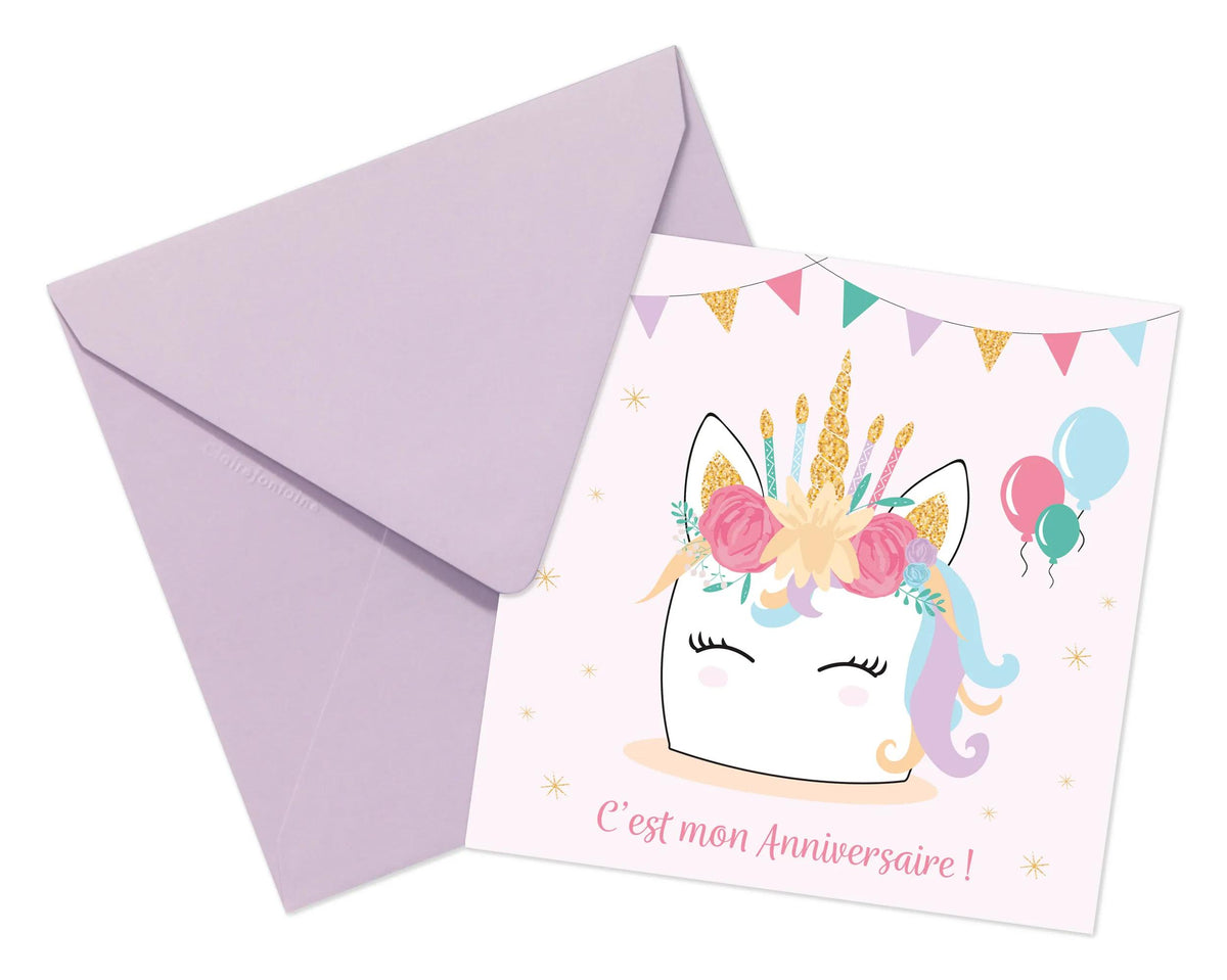 ANNIVERSARY INVITATION SET, 8 single cards 116x116 + 8 envelopes 120x120 - Unicorn - Multicolor