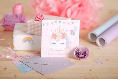 ANNIVERSARY INVITATION SET, 8 single cards 116x116 + 8 envelopes 120x120 - Unicorn - Multicolor