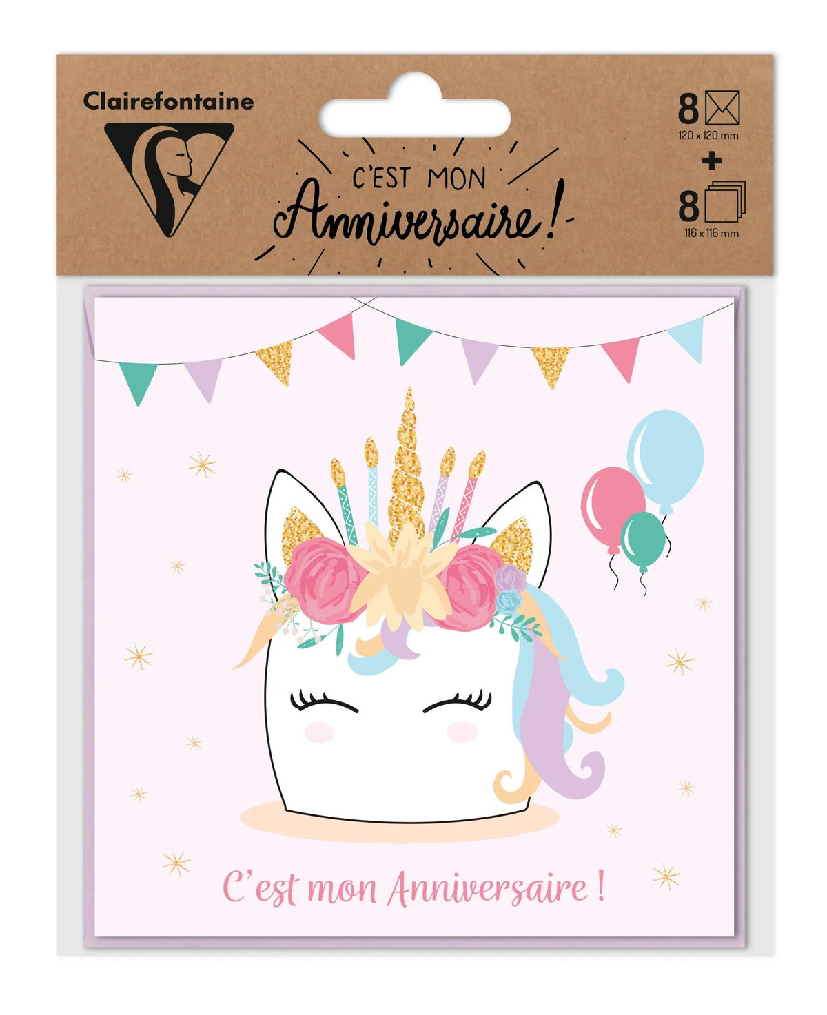 ANNIVERSARY INVITATION SET, 8 single cards 116x116 + 8 envelopes 120x120 - Unicorn - Multicolor