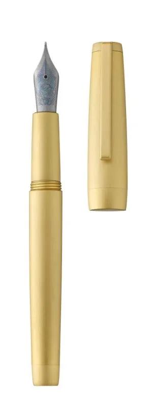 Precious metal pen, 3N brushed yellow gold body and attributes, titanium feather EF