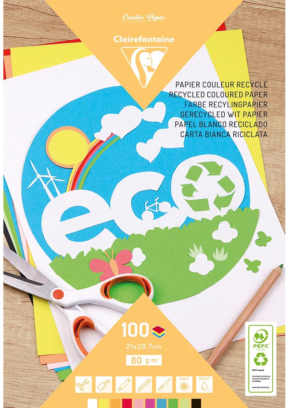 PAPIER COULEUR RECYCLÉ, Bloc de 100 feuilles 80g/m2 au format 21x29,7cm - Assortiment (Lot x5)