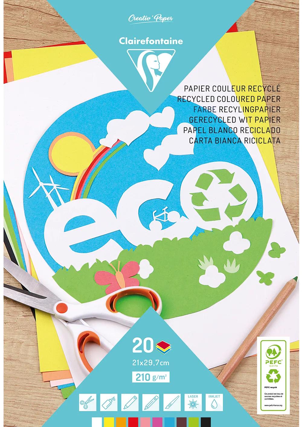 RECYCLE COLOUR PAPER, Block of 20 sheets 210g/m2 in A4 format (21x29 .7cm), Assortment - 10 colours - Assortment (Pack x5)