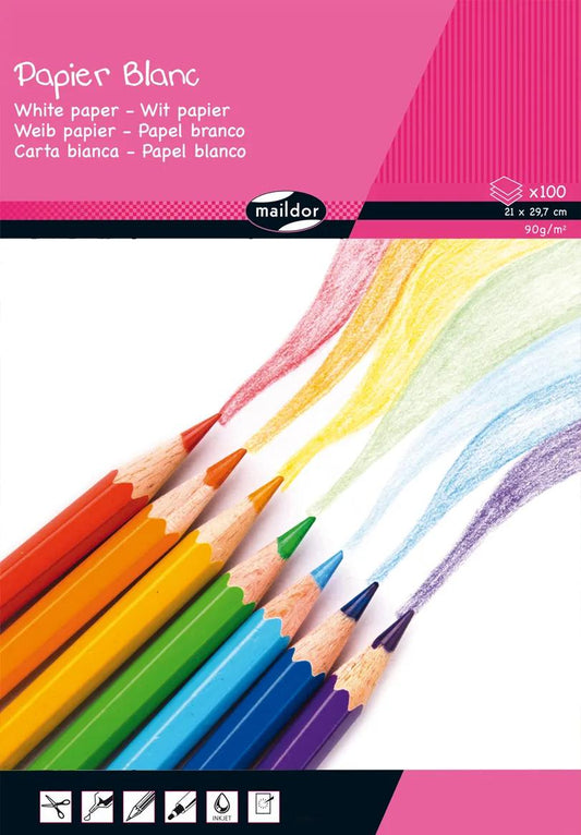 WHITE PAPER, 100 Blattblock 90g/m2 im 21x29.7cm Format - Weiß (Paket x5)