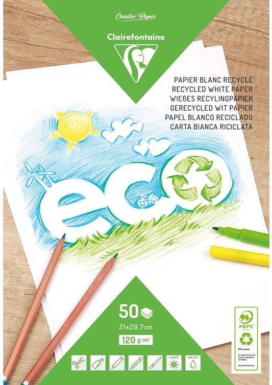 RECYCLE WHITE PAPER, 50 sheet block 120g/m2 in A4 format (21x29 .7cm) - White
