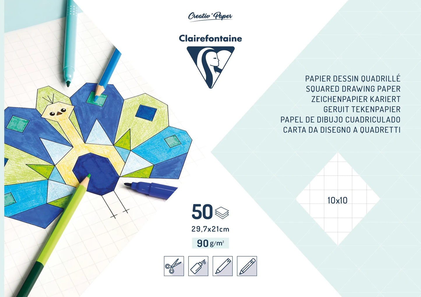 QUADRILLED BLOCK 10X10, 50 sheet block 90g/m2 in 29.7x21cm format (Pack x5)