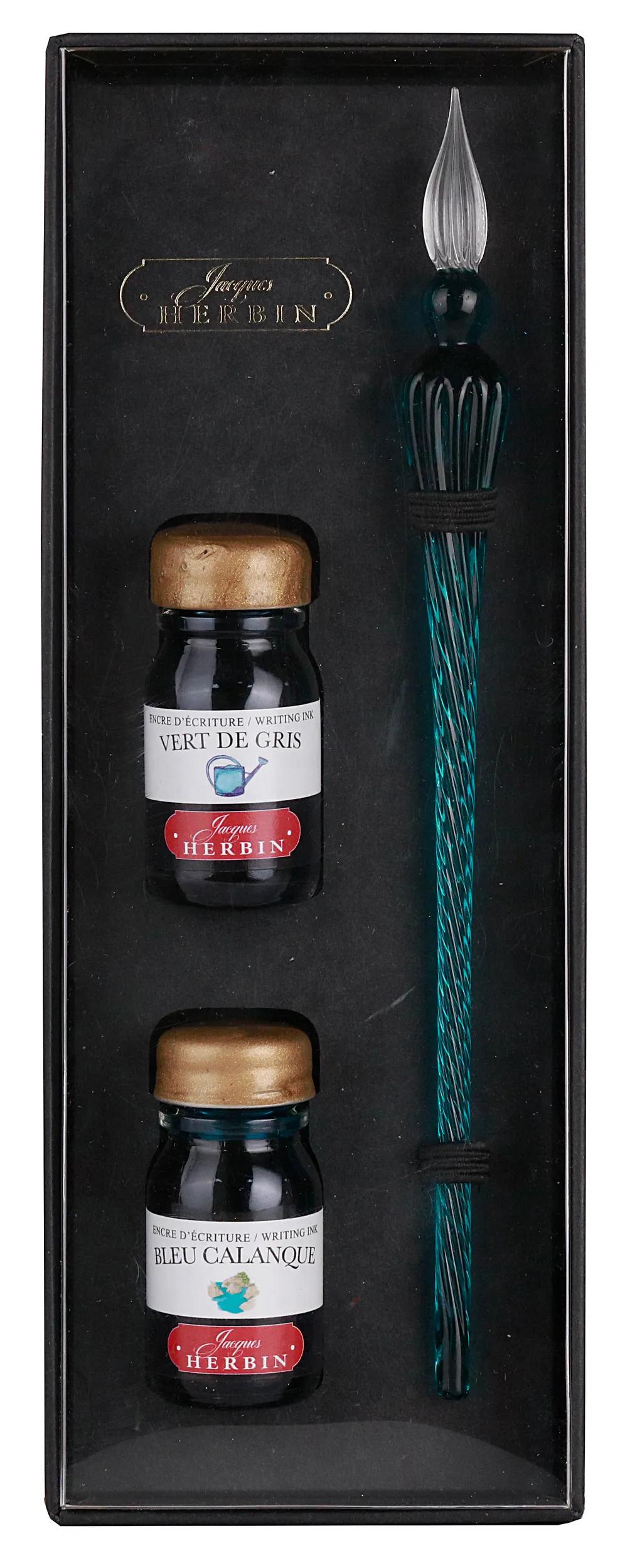COFFRET ENCRES PLUME DE VERRE TRANSPAREN - Vert emeraude (Lot x3)