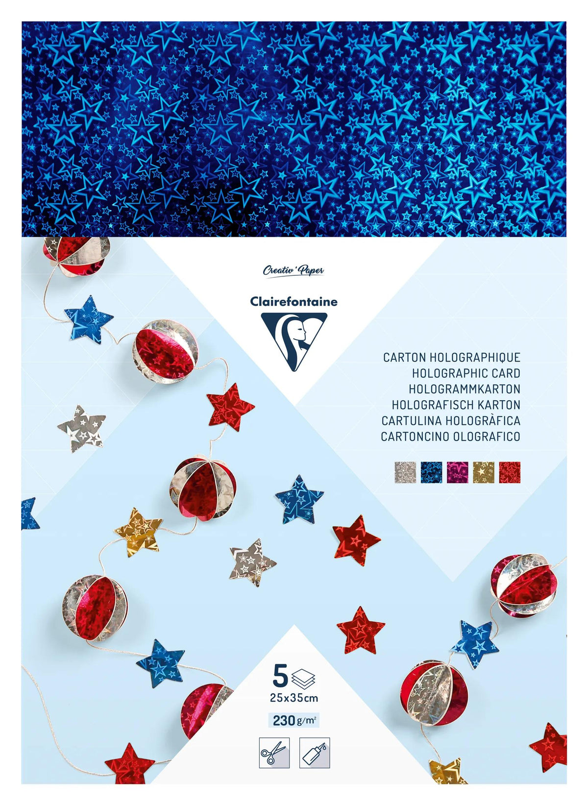 CARTON HOLOGRAPHIQUE, Sachet de 5 feuilles 230g/m2 au format 25x35cm - Assortiment (lot de 5)