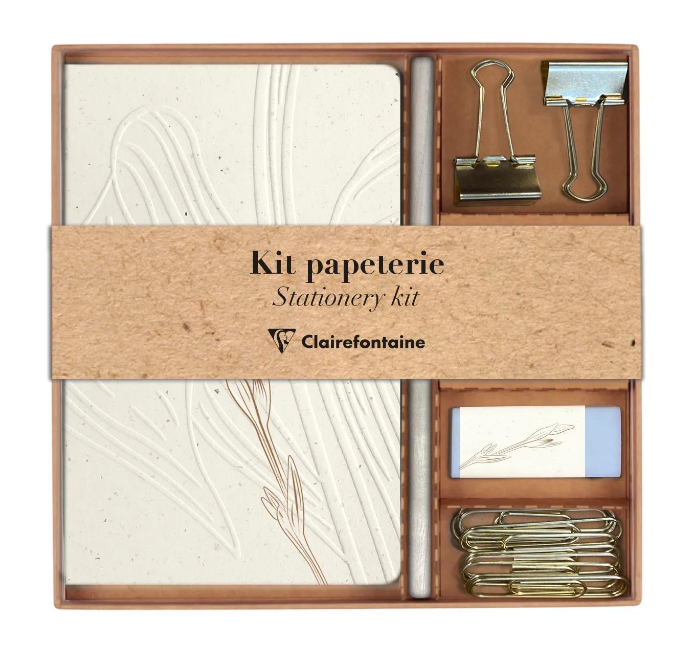 Tulpenpapier, Kit von Schreibwaren mit einem Notizbuch 11x17 cm 64 Seiten Linien, einem Bleistift aus Papier, 2 Doppelclips, 10 Posaunen und einem Gummi (Paket x3)