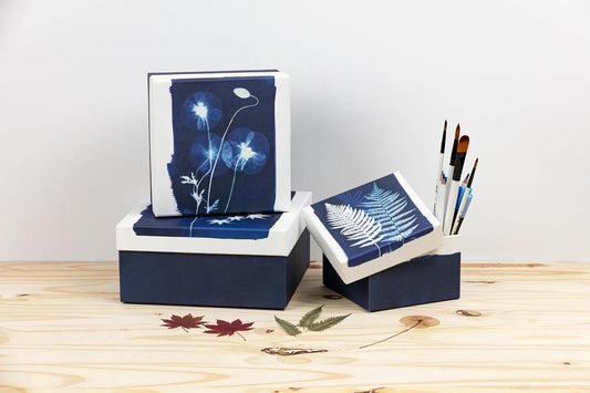 Cyanotype, Set of 3 square boxes 25x25x12 cm, 20x20x11cm, and 16x16x10 cm (Pack x2)