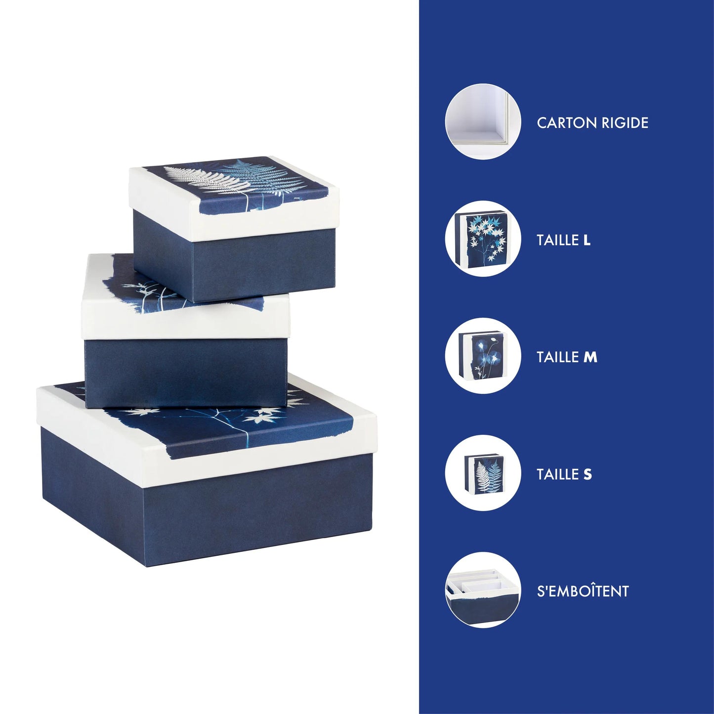 Cyanotype, Set di 3 caselle quadrate 25x25x12 cm, 20x20x11cm, e 16x16x10 cm (Pacchetto x2)