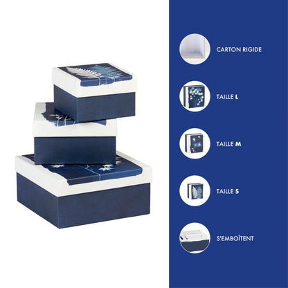 Cyanotyp, Set von 3 Quadratboxen 25x25x12 cm, 20x20x11cm und 16x16x10 cm (2er-Pack)