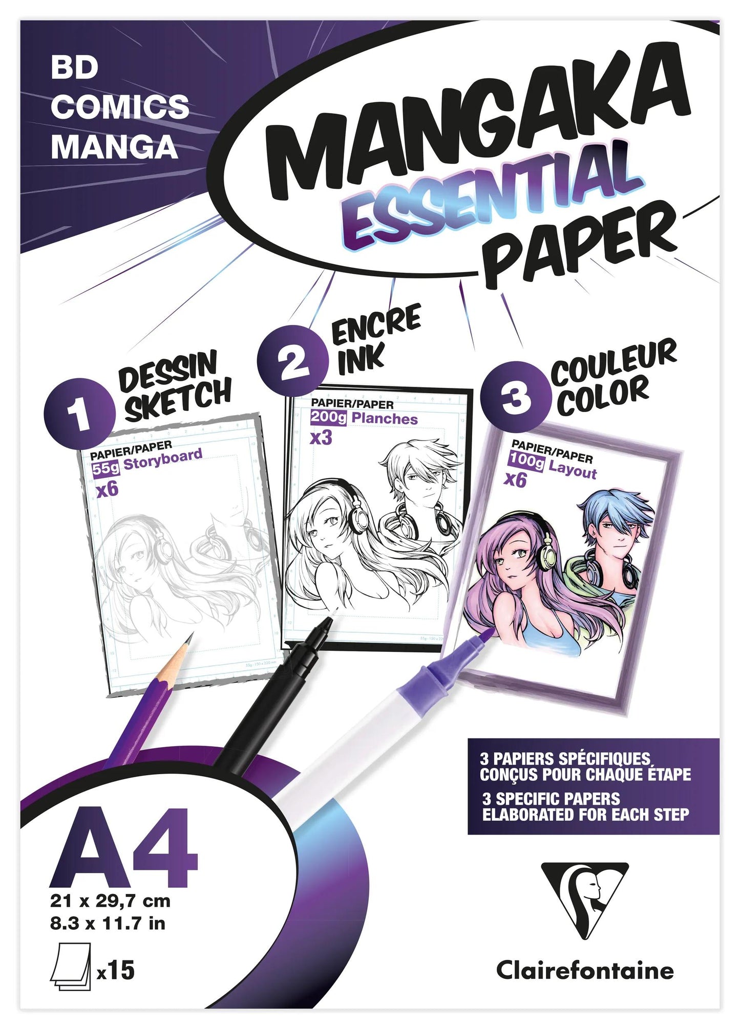 Mangaka Essential Paper 15 sheets (3 matching Manga papers) A4 - White (Pack x5)