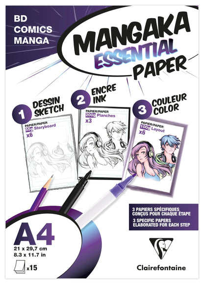 Mangaka Essential Paper pochette 15 feuilles (3 papiers Manga assortis) A4 - Blanc (lot de 5)