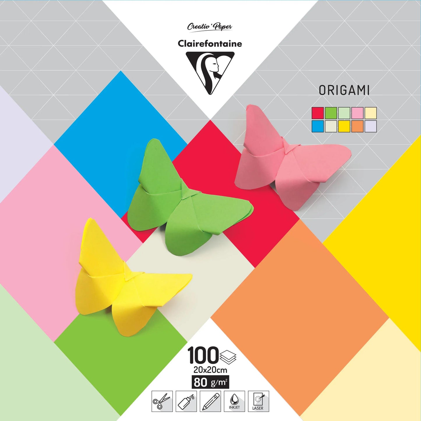 ORIGAMI, Pack of 100 sheets 80g/m2 in format 20x20cm - Mixed set (Pack x5)