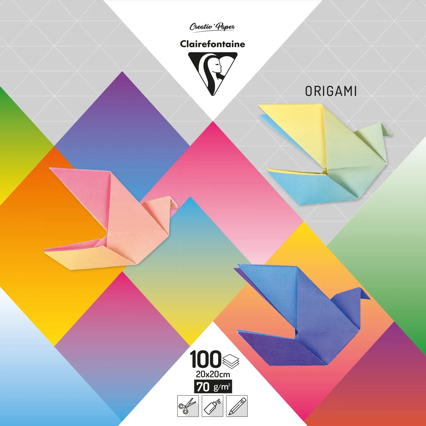 ORIGAMI, Confezione da 100 fogli 70g/m2 in formato 20x20cm - Multicolor (Pacchetto x5)