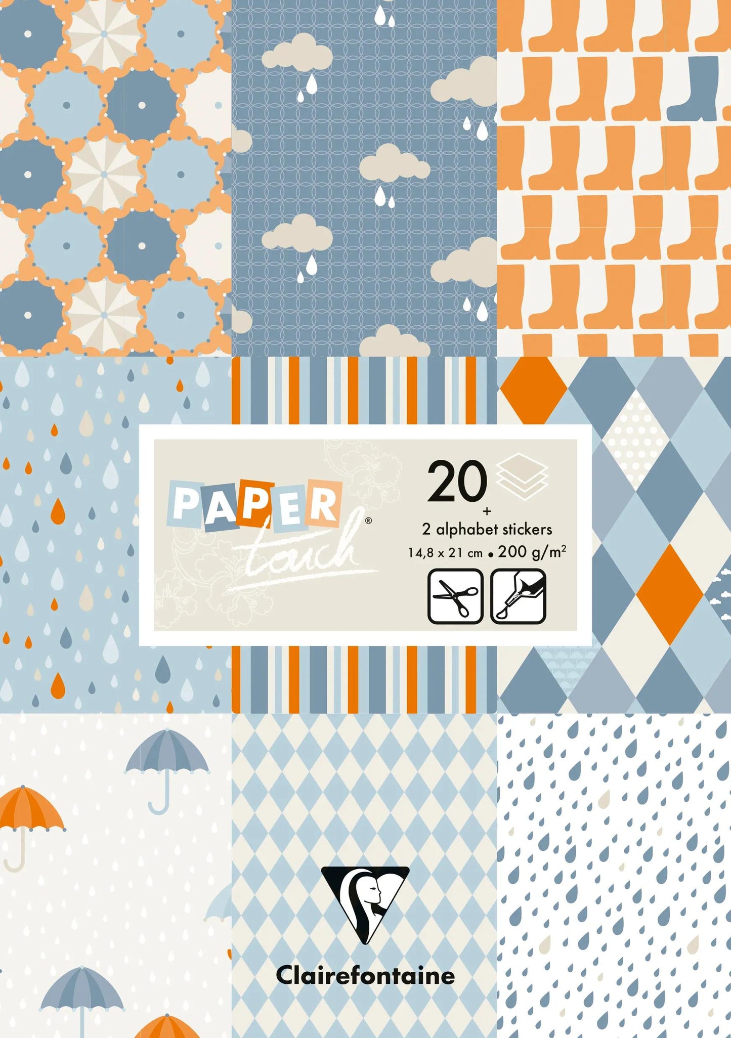 PRINTED PAPERS, 20 sheet block 200g/m2 in 14.8x21cm format - Rain - Multicolor (Pack x5)
