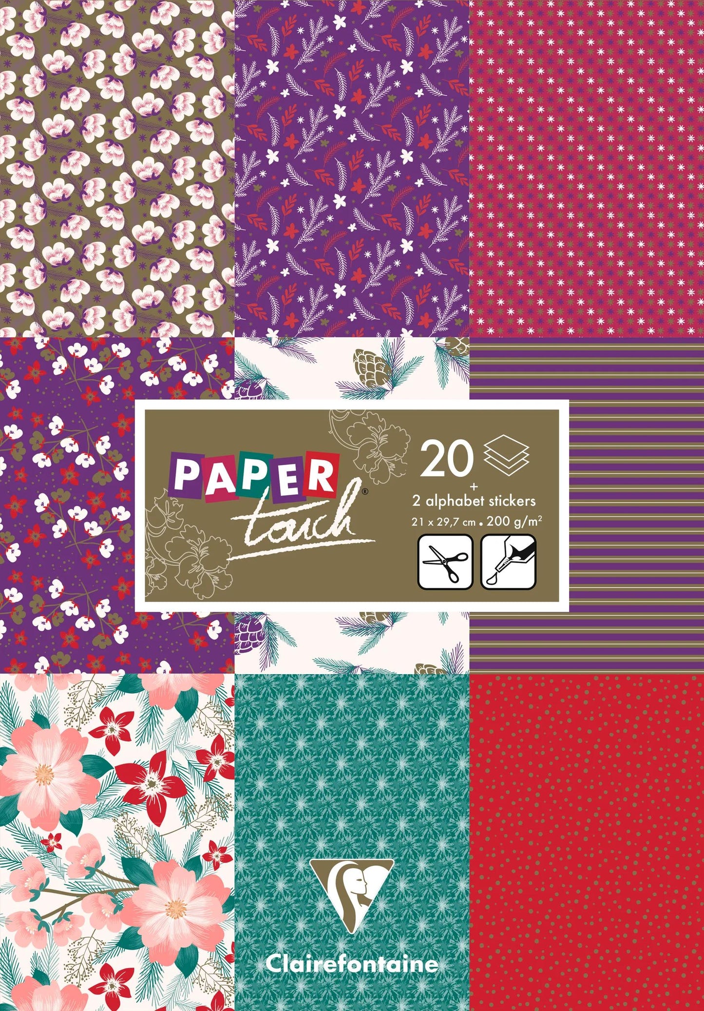 PRINTED PAPERS, 20 sheet block 200g/m2 in 21x29.7cm format - Floral winter - Multicolor (Pack x5)