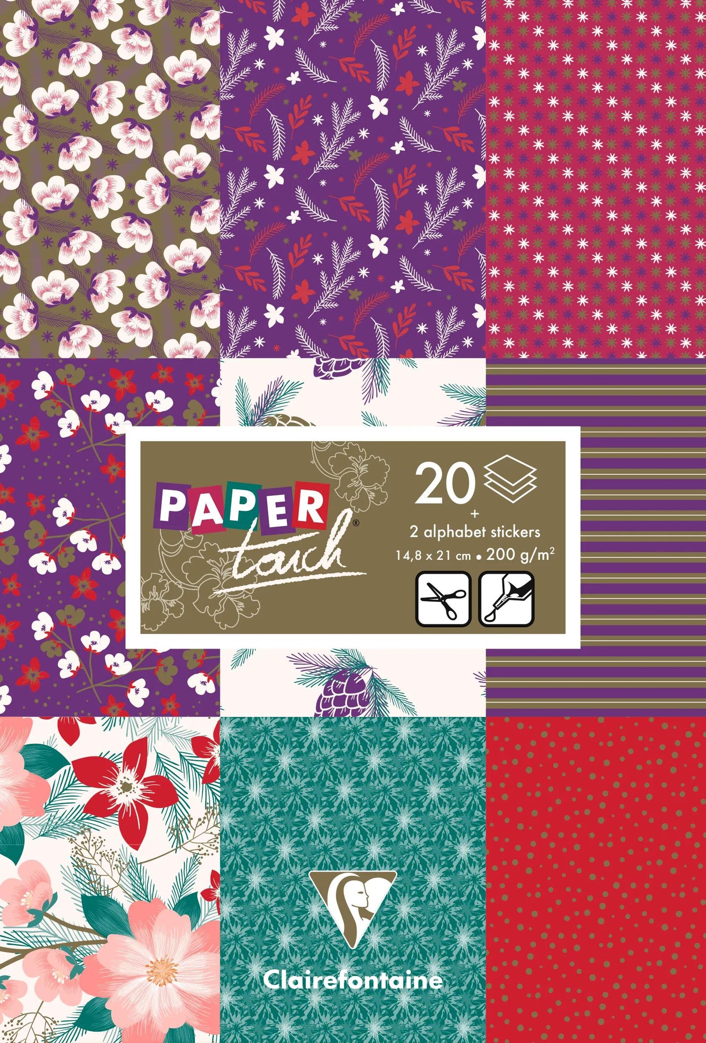 PAPIERS IMPRIMÉS, Bloc de 20 feuilles 200g/m2 au format 14,8x21cm - Hiver floral - Multicolore (Lot x5)