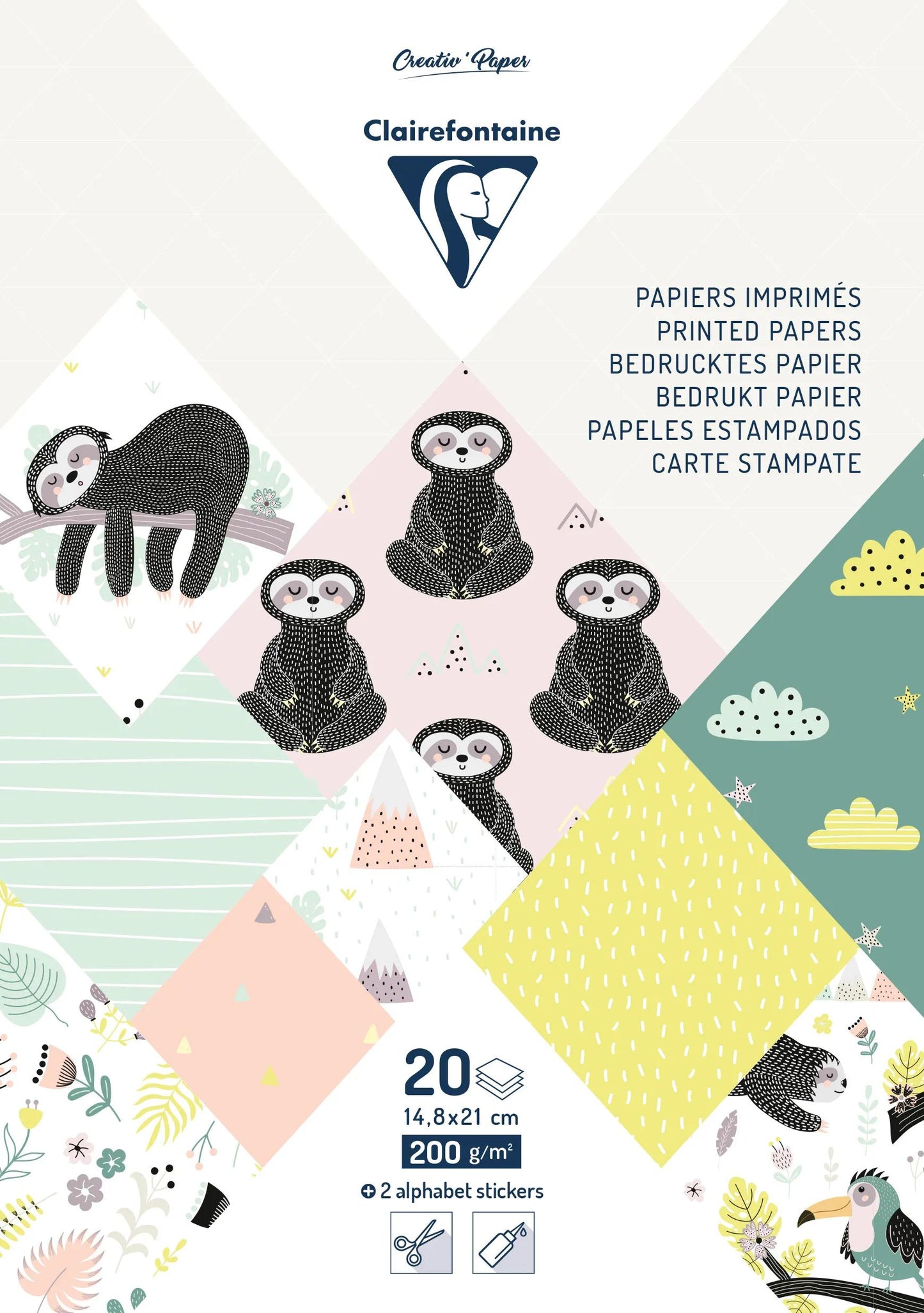 PRINTED PAPERS, Block of 20 sheets 200g/m2 in size 14,8x21cm - Lazy - Multicolor (Pack x5)