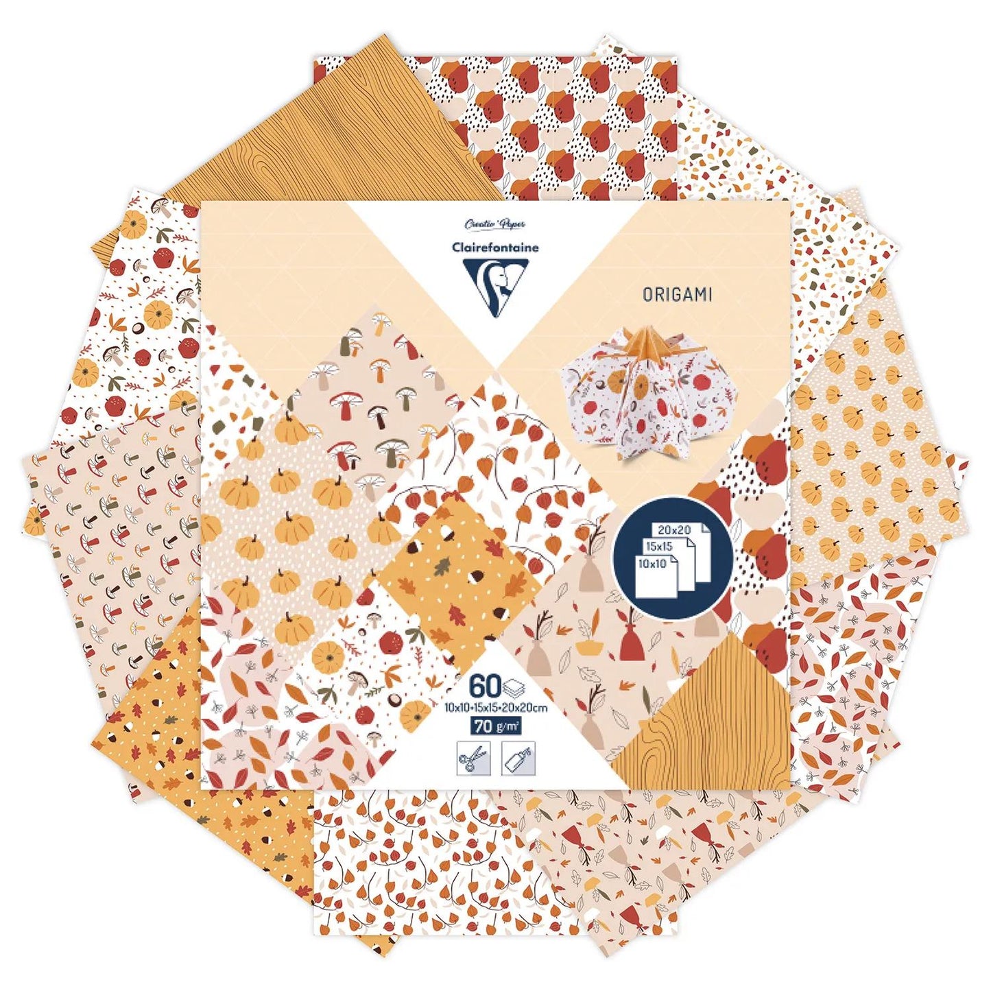 ORIGAMI, confezione da 60 fogli 70g/m2 3 formati - Autunno - Multicolore (Pacchetto x5)